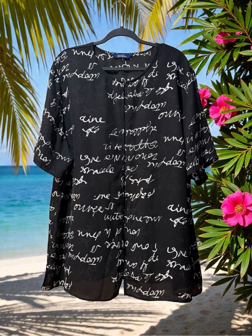 Penningtons Black Semi Sheer Cover-up with White Script Print